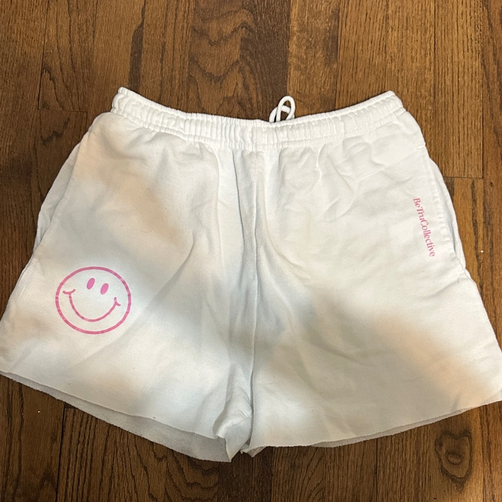 White Women's Smile Graphic Lounge Shorts with Pink Accent